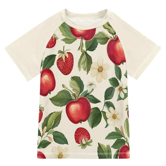 FORMRS Boys Rash Guard with Short Sleeves UPF 50+ Swim Shirts Sizes 3-12T, Apple Leaves Pattern