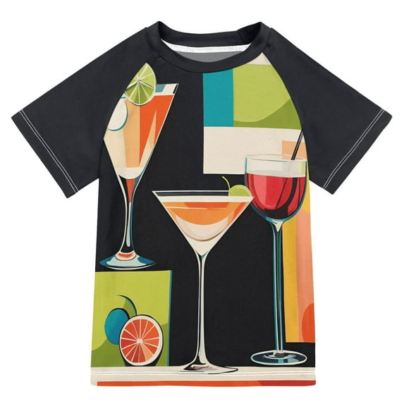FORMRS Boys Rash Guard with Short Sleeves UPF 50+ Swim Shirts Sizes 3-12T, Art Cocktails