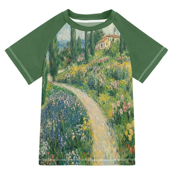 FORMRS Boys Rash Guard with Short Sleeves UPF 50+ Swim Shirts Sizes 3-12T, Art Garden Scene