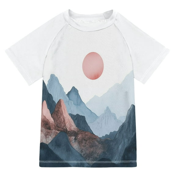 FORMRS Boys Rash Guard with Short Sleeves UPF 50+ Swim Shirts Sizes 3-12T, Art Mountain and Sun Pattern