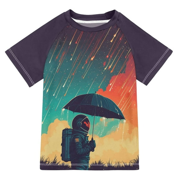 FORMRS Boys Rash Guard with Short Sleeves UPF 50+ Swim Shirts Sizes 3-12T, Astronaut and Sky