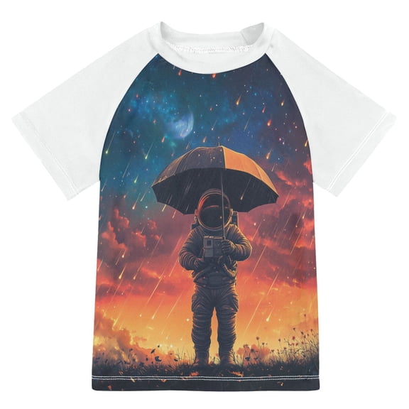 FORMRS Boys Rash Guard with Short Sleeves UPF 50  Swim Shirts Sizes 3-12T, Astronaut at Dawn