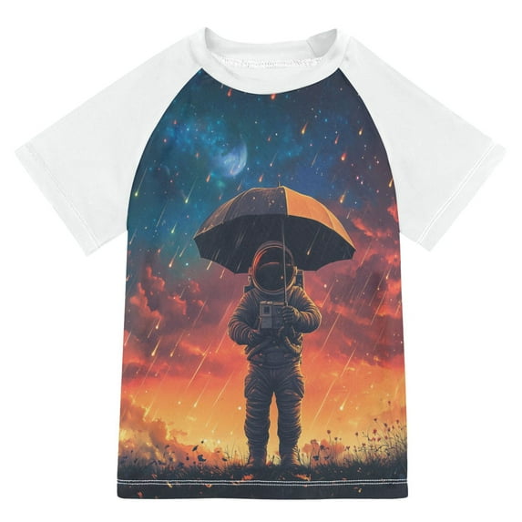 FORMRS Boys Rash Guard with Short Sleeves UPF 50+ Swim Shirts Sizes 3-12T, Astronaut at Dawn