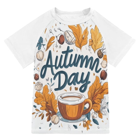 FORMRS Boys Rash Guard Short Sleeves Swim Shirt Quick Dry UPF 50+ Sun Protection, Sizes 3-12T, Autumn Day with Cocoa Pattern
