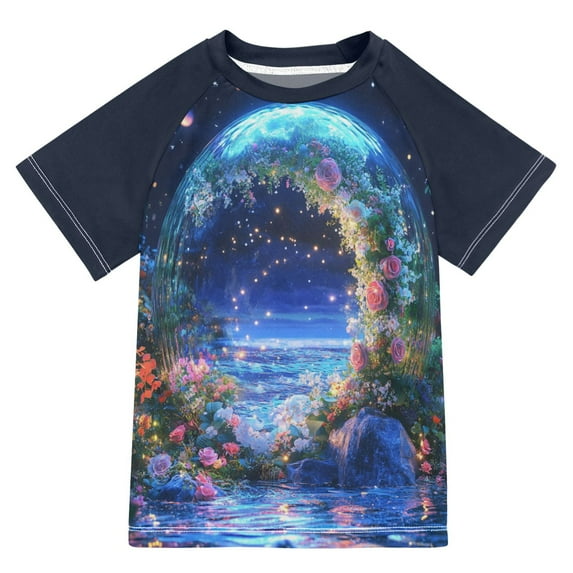 FORMRS Boys Rash Guard with Short Sleeves UPF 50+ Swim Shirts Sizes 3-12T, Beautiful Floral Moon