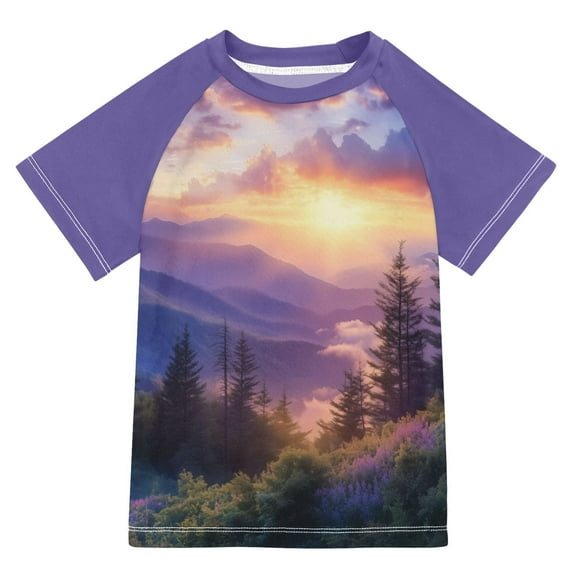 FORMRS Boys Rash Guard with Short Sleeves UPF 50+ Swim Shirts Sizes 3-12T, Beautiful Mountain