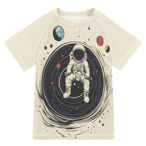 FORMRS Boys Rash Guard with Short Sleeves UPF 50+ Swim Shirts Sizes 3-12T, Beige Astronaut Space