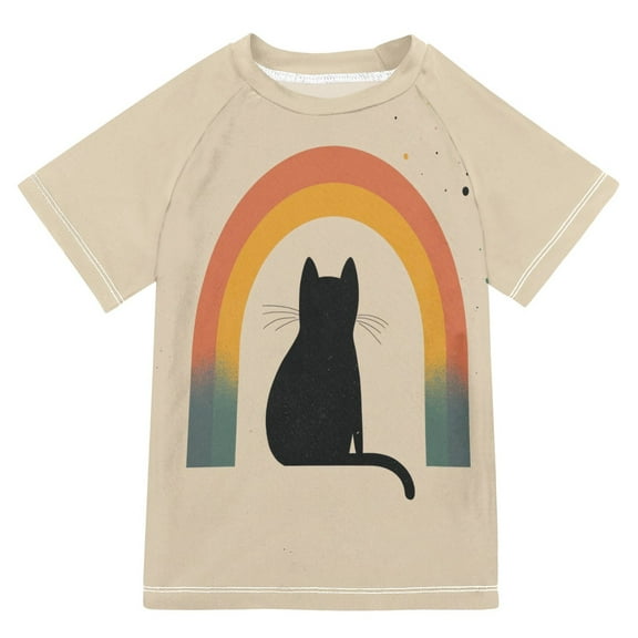 FORMRS Boys Rash Guard with Short Sleeves UPF 50  Swim Shirts Sizes 3-12T, Beige Cat Rainbow