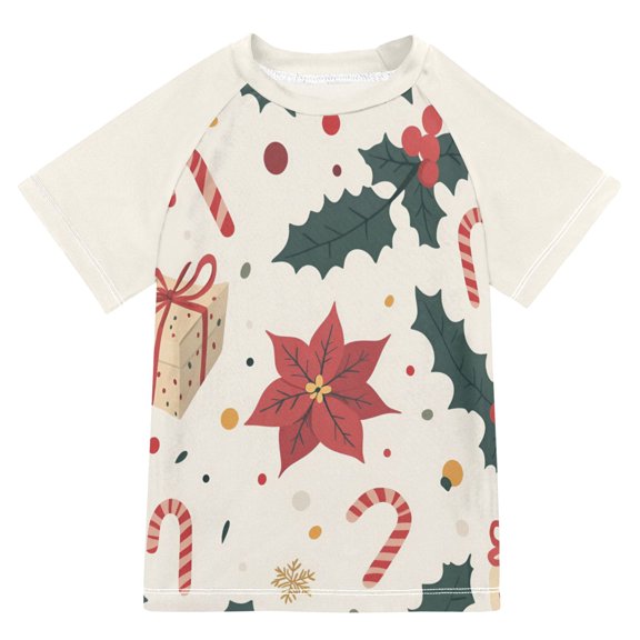 FORMRS Boys Rash Guard with Short Sleeves UPF 50 Swim Shirts Sizes 3-12T, Beige Christmas Candy Canes