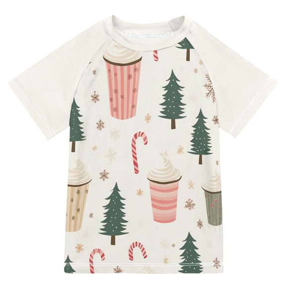 FORMRS Boys Rash Guard with Short Sleeves UPF 50  Swim Shirts Sizes 3-12T, Beige Christmas Cups