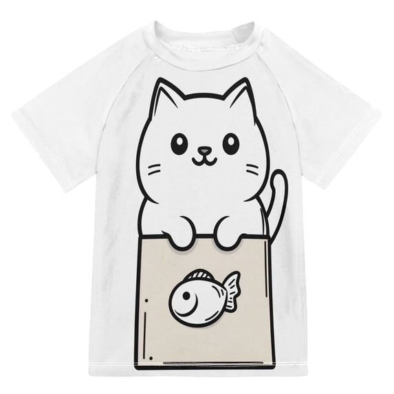 FORMRS Boys Rash Guard Short Sleeves Swim Shirt Quick Dry UPF 50+ Sun Protection, Sizes 3-12T, Beige Chubby Cat