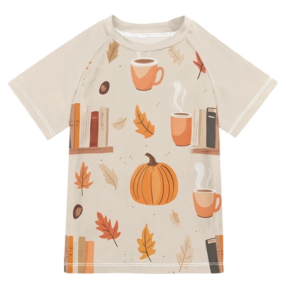 FORMRS Boys Rash Guard with Short Sleeves UPF 50  Swim Shirts Sizes 3-12T, Beige Fall Acorns Pattern