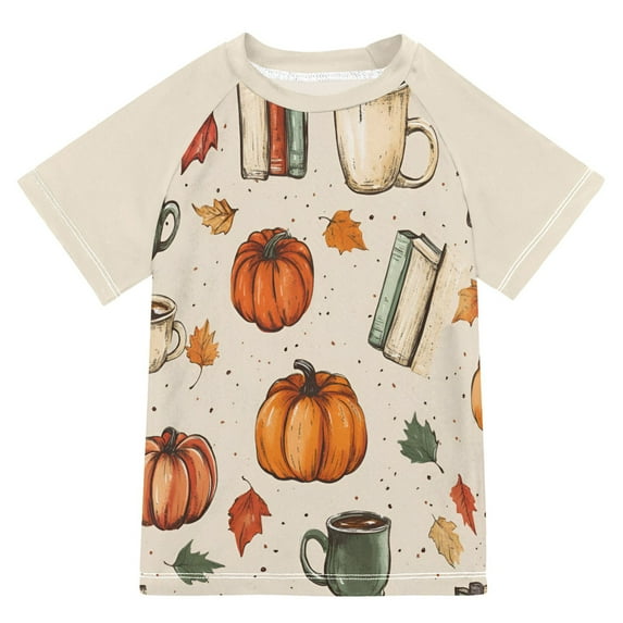 FORMRS Boys Rash Guard with Short Sleeves UPF 50+ Swim Shirts Sizes 3-12T, Beige Fall Coffee