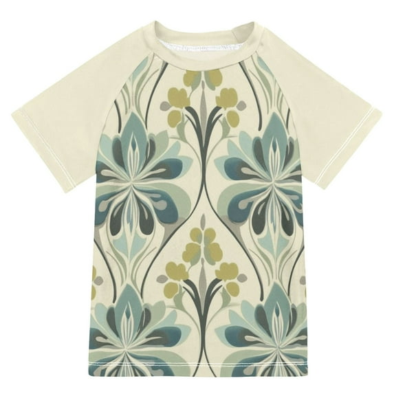 FORMRS Boys Rash Guard with Short Sleeves UPF 50+ Swim Shirts Sizes 3-12T, Beige Floral Pattern