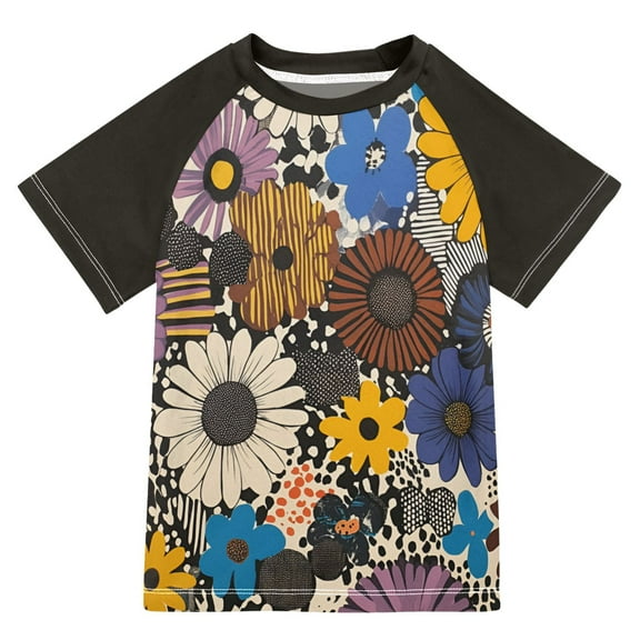 FORMRS Boys Rash Guard with Short Sleeves UPF 50  Swim Shirts Sizes 3-12T, Beige Flowers