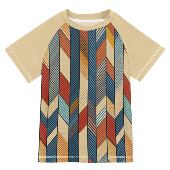 FORMRS Boys Rash Guard with Short Sleeves UPF 50  Swim Shirts Sizes 3-12T, Beige Geometric