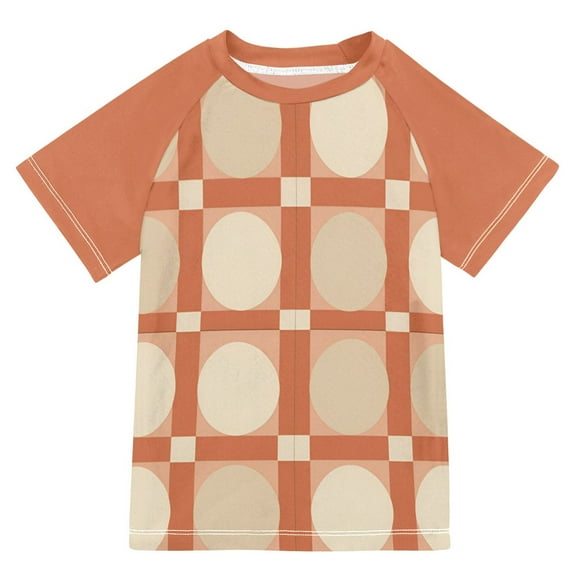 FORMRS Boys Rash Guard with Short Sleeves UPF 50  Swim Shirts Sizes 3-12T, Beige Geometric
