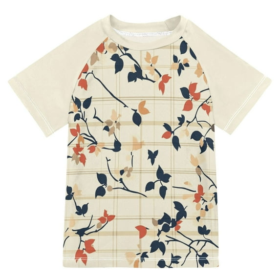 FORMRS Boys Rash Guard with Short Sleeves UPF 50+ Swim Shirts Sizes 3-12T, Beige Leaves Plaid