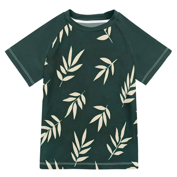 FORMRS Boys Rash Guard with Short Sleeves UPF 50+ Swim Shirts Sizes 3-12T, Beige Leaves