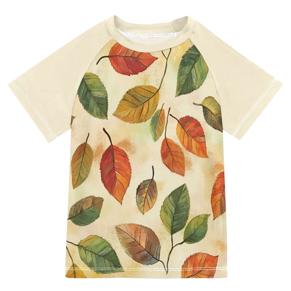 FORMRS Boys Rash Guard with Short Sleeves UPF 50 Swim Shirts Sizes 3-12T, Beige Leaves