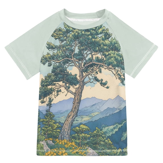 FORMRS Boys Rash Guard Short Sleeves Swim Shirt Quick Dry UPF 50+ Sun Protection, Sizes 3-12T, Beige Mountain