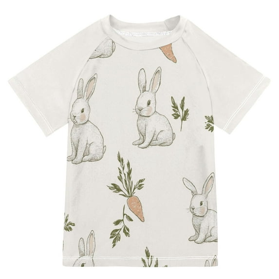 FORMRS Boys Rash Guard with Short Sleeves UPF 50+ Swim Shirts Sizes 3-12T, Beige Rabbits and Carrots