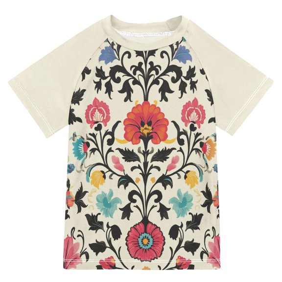 FORMRS Boys Rash Guard with Short Sleeves UPF 50 Swim Shirts Sizes 3-12T, Beige Red Floral