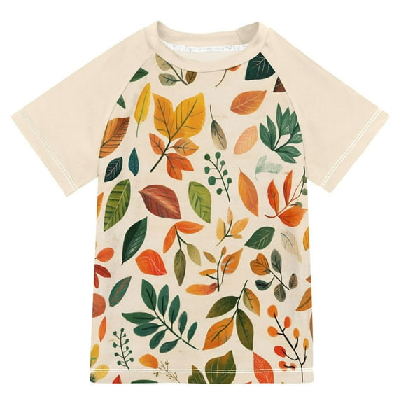 FORMRS Boys Rash Guard with Short Sleeves UPF 50+ Swim Shirts Sizes 3-12T, Beige Retro Leaves