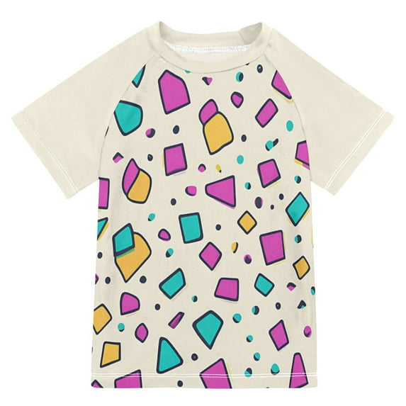 FORMRS Boys Rash Guard with Short Sleeves UPF 50+ Swim Shirts Sizes 3-12T, Beige Retro Pattern