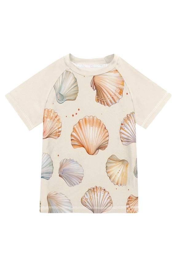 Boys Rash Guard with Short Sleeves UPF 50+ Swim Shirts Sizes 3-12T, Beige Seashell
