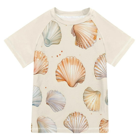 FORMRS Boys Rash Guard with Short Sleeves UPF 50+ Swim Shirts Sizes 3-12T, Beige Seashell