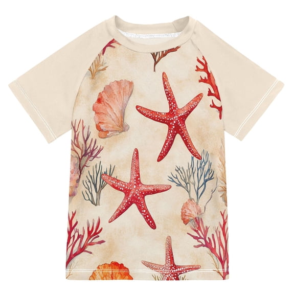 FORMRS Boys Rash Guard Short Sleeves Swim Shirt Quick Dry UPF 50+ Sun Protection, Sizes 3-12T, Beige Starfish