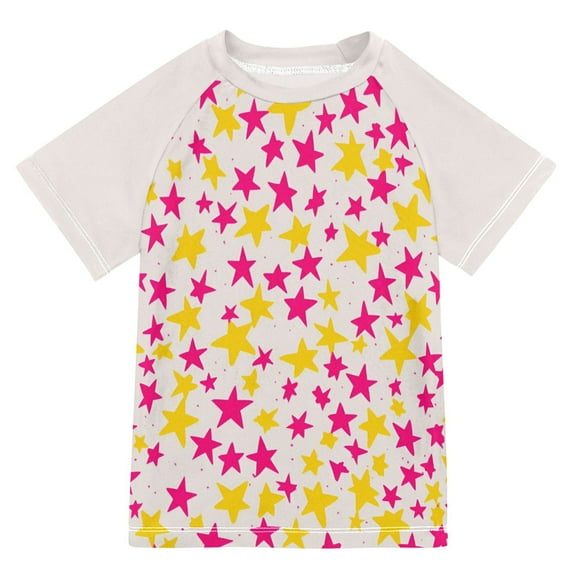 FORMRS Boys Rash Guard with Short Sleeves UPF 50+ Swim Shirts Sizes 3-12T, Beige Stars