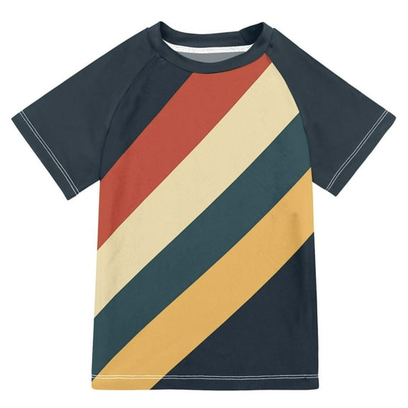 FORMRS Boys Rash Guard with Short Sleeves UPF 50  Swim Shirts Sizes 3-12T, Beige Stripes