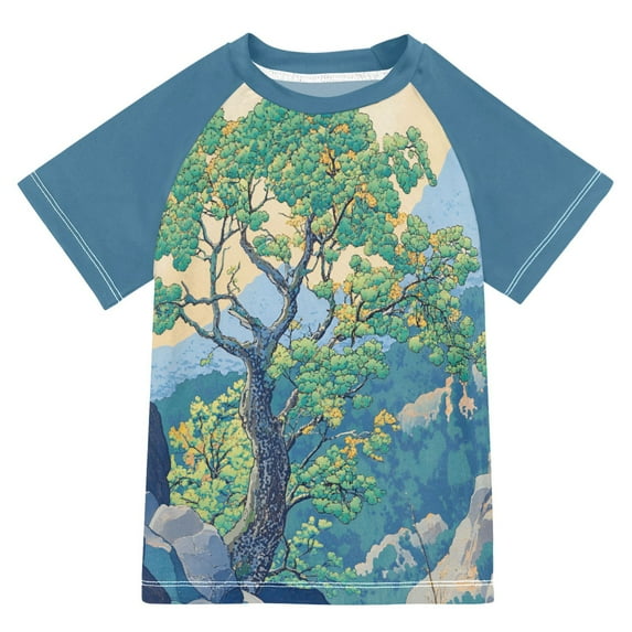 FORMRS Boys Rash Guard with Short Sleeves UPF 50+ Swim Shirts Sizes 3-12T, Beige Tree