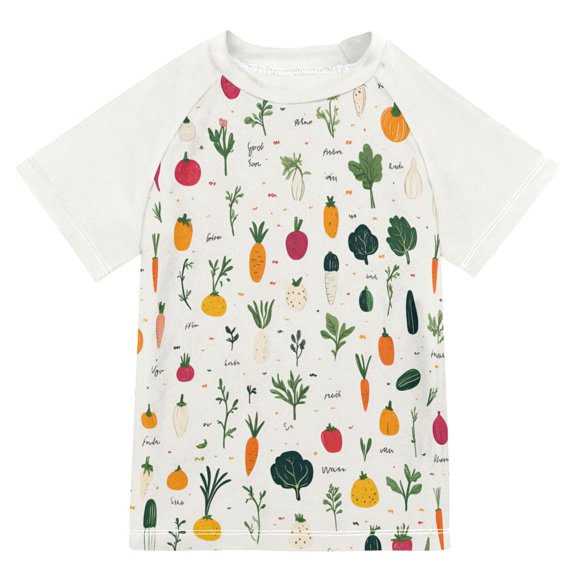 FORMRS Boys Rash Guard with Short Sleeves UPF 50 Swim Shirts Sizes 3-12T, Beige Vegetables Pattern