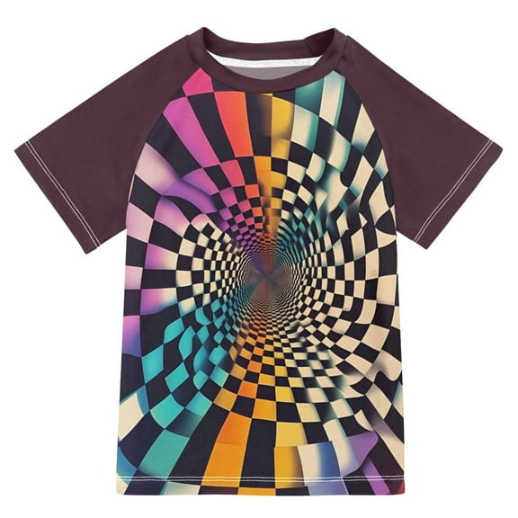 FORMRS Boys Rash Guard with Short Sleeves UPF 50+ Swim Shirts Sizes 3-12T, Beige Wavy Plaid