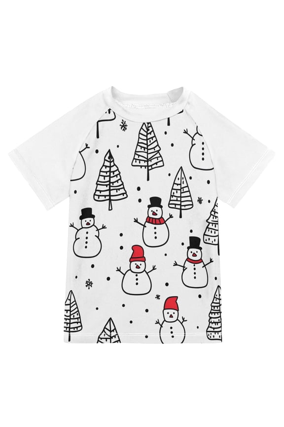 Boys Rash Guard with Short Sleeves UPF 50+ Swim Shirts Sizes 3-12T, Black Cartoon Snowmen