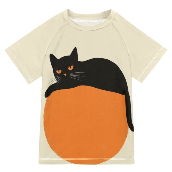 FORMRS Boys Rash Guard Short Sleeves Swim Shirt Quick Dry UPF 50+ Sun Protection, Sizes 3-12T, Black Cat Orange Ball