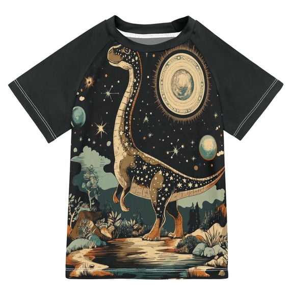 FORMRS Boys Rash Guard Short Sleeves Swim Shirt Quick Dry UPF 50+ Sun Protection, Sizes 3-12T, Black Dinosaur