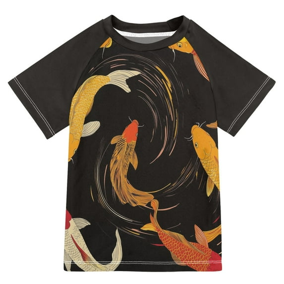 FORMRS Boys Rash Guard with Short Sleeves UPF 50+ Swim Shirts Sizes 3-12T, Black Fish Pattern