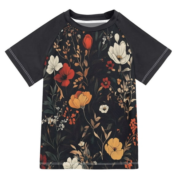 FORMRS Boys Rash Guard with Short Sleeves UPF 50  Swim Shirts Sizes 3-12T, Black Floral Pattern