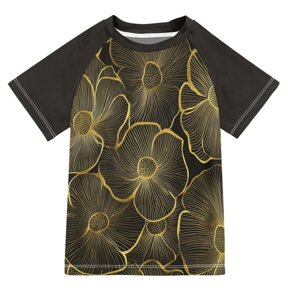 FORMRS Boys Rash Guard with Short Sleeves UPF 50+ Swim Shirts Sizes 3-12T, Black Flower Pattern