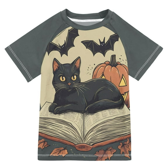 FORMRS Boys Rash Guard with Short Sleeves UPF 50  Swim Shirts Sizes 3-12T, Black Halloween Cat