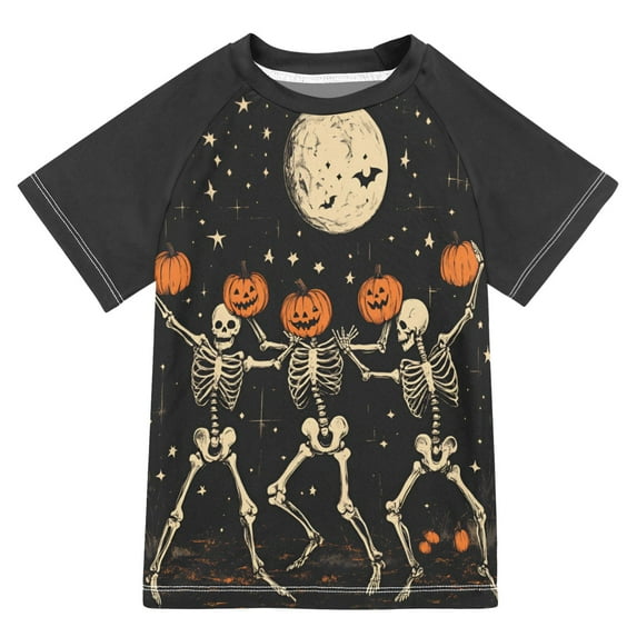 FORMRS Boys Rash Guard with Short Sleeves UPF 50+ Swim Shirts Sizes 3-12T, Black Halloween Dancing Skeleton