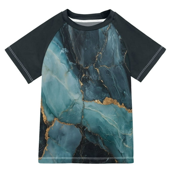 FORMRS Boys Rash Guard with Short Sleeves UPF 50+ Swim Shirts Sizes 3-12T, Black Marble