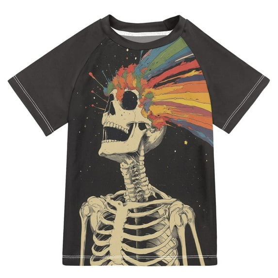FORMRS Boys Rash Guard with Short Sleeves UPF 50+ Swim Shirts Sizes 3-12T, Black Skeleton