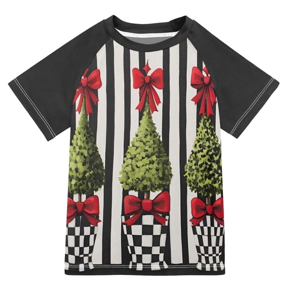 FORMRS Boys Rash Guard with Short Sleeves UPF 50  Swim Shirts Sizes 3-12T, Black Striped Trees