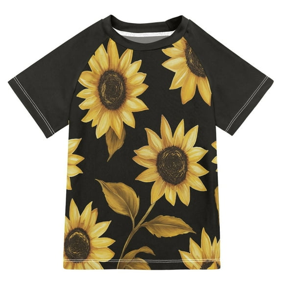 FORMRS Boys Rash Guard with Short Sleeves UPF 50+ Swim Shirts Sizes 3-12T, Black Sunflower Pattern