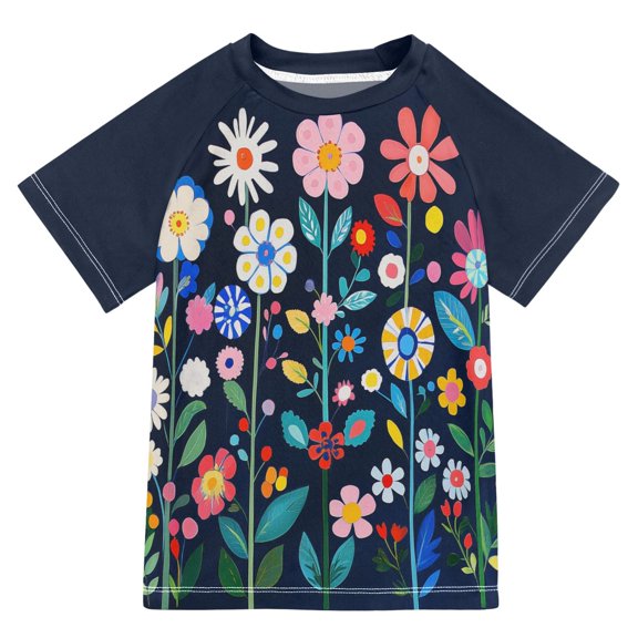 FORMRS Boys Rash Guard with Short Sleeves UPF 50  Swim Shirts Sizes 3-12T, Bloom Flowers